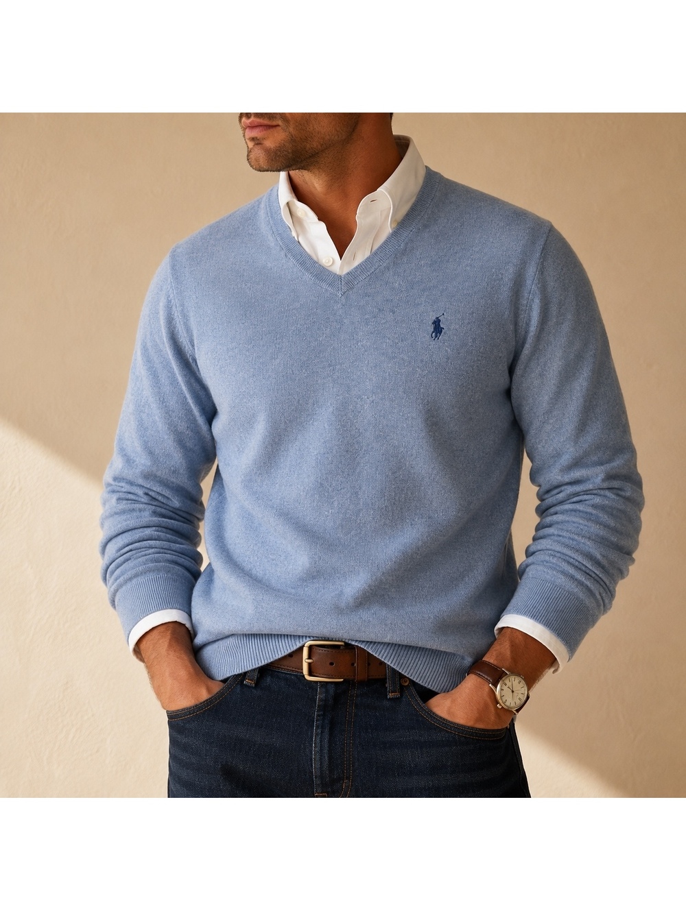Polo Ralph Lauren Pima Cotton V-Neck Sweater Large Heather Blue Pony